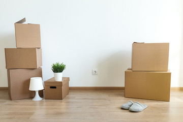 Different cardboard boxes for moving at room