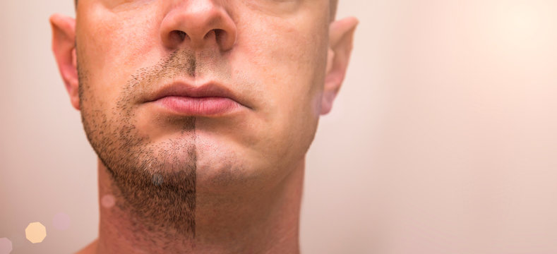 Closeup of man with beard on half of the face on grey background. Portrait of a handsome man with a shaved half his face.
