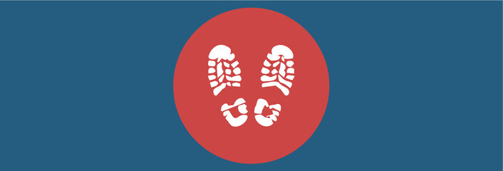 Stai qui. Simbolo impronta di piedi con scarpe da lavoro per il distanziamento sociale. Distanza coronavirus. 