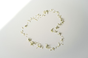 Romantic sign in the form of a heart on a white background, minimalism of white flower petals