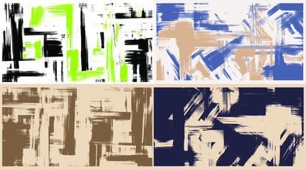Fototapeta premium Oil paint strokes on canvas in vector format. Set of four abstract paintings, cross hatching monochrome grungy background