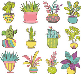 Colorful Cacti and flower pots, isolated vector illustrations