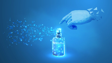Obraz premium Hand sanitizer spray. Protect measures against Covid-19 virus. Low poly, wireframe 3d Raster illustration. Abstract polygonal image on blue neon background