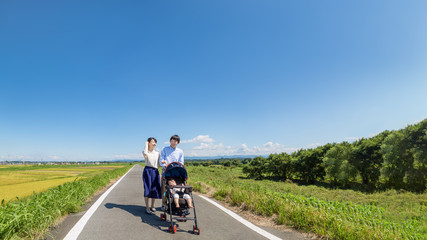 自然の中ベビーカーを押し散歩する若い夫婦(正面)