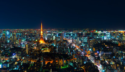 東京夜景　六本木から望む東京タワーと湾岸エリア　
