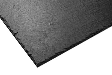 Black slate plate. Black stone slate board. Blank slate isolated on a white surface. .