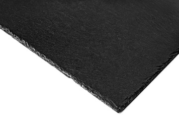 Black slate plate fragment. Black stone slate board. Empty slate surface isolated on white.