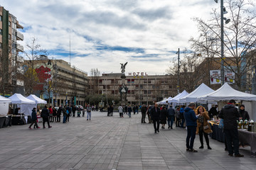 Street market in historic center of Vilafranca del Penedes, Catalonia, Spain