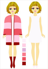 Blond girls models in fashionable clothes dress and cardigan. Template. Fashion show. Fashion design, design and modeling, advertising.