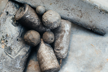 Scrap lead, pieces, lead bars. Lead texture. Close-up. Macro. Plumbum