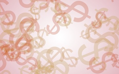 Multicolored translucent dollar signs on white background. Red tones. 3D illustration