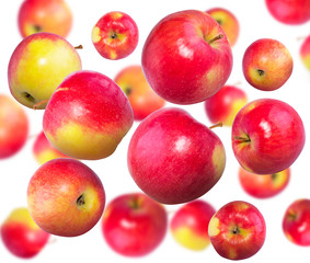 Red apples fly on a white background. Background with apples. Natural fresh product