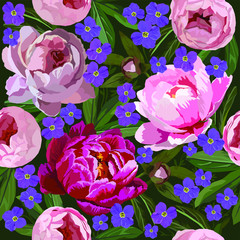 Fototapeta na wymiar Vector seamless floral pattern with beautiful peony flowers