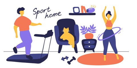 Sports at home. Happy family sporting events. A guy and a girl do a workout at home. Fitness training exercises, healthy lifestyle. Vector flat colorful illustration