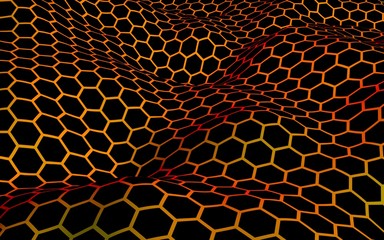 Honeycomb wave effect on a red yellow background. Perspective view on polygon look like honeycomb. Isometric geometry. 3D illustration