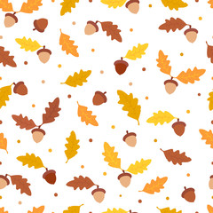 autumn pattern with fallen oak leaves and acorns on a white background