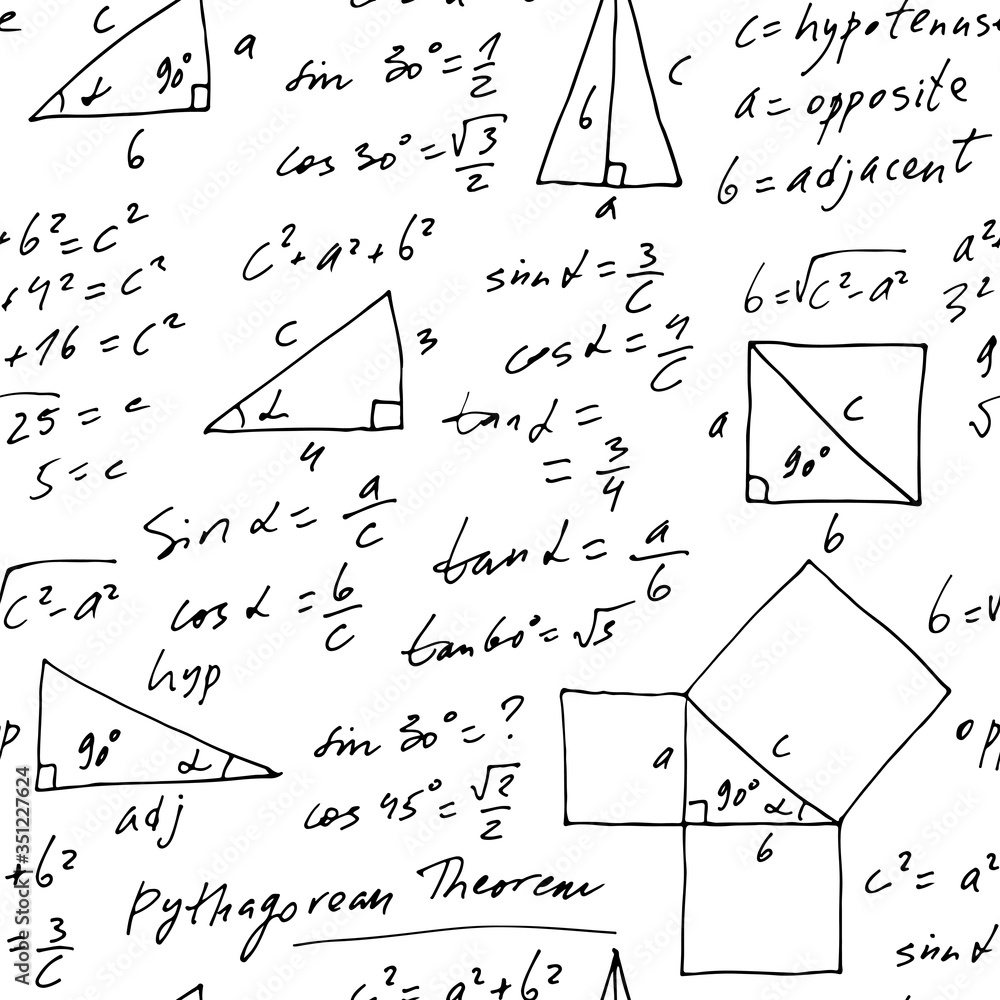 Poster handwritten trigonometric vector seamless pattern, hand drawn monochrome math formulas isolated on w