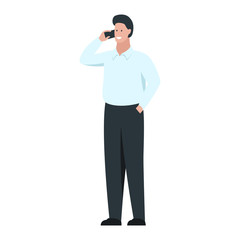 Vector concept illustration of happy smiling man talking on the phone. Standing male character full length cartoon drawing. Man making a call and having a nice conversation on the mobile phone
