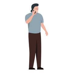 Vector concept illustration of happy smiling man talking on the phone. Standing male character full length cartoon drawing. Man making a call and having a nice conversation on the mobile phone