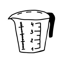 Doodle style measuring cup on an isolated white background. Cooking, recipes, tools for the kitchen. Bakery set hand drawn. Stock vector illustration.