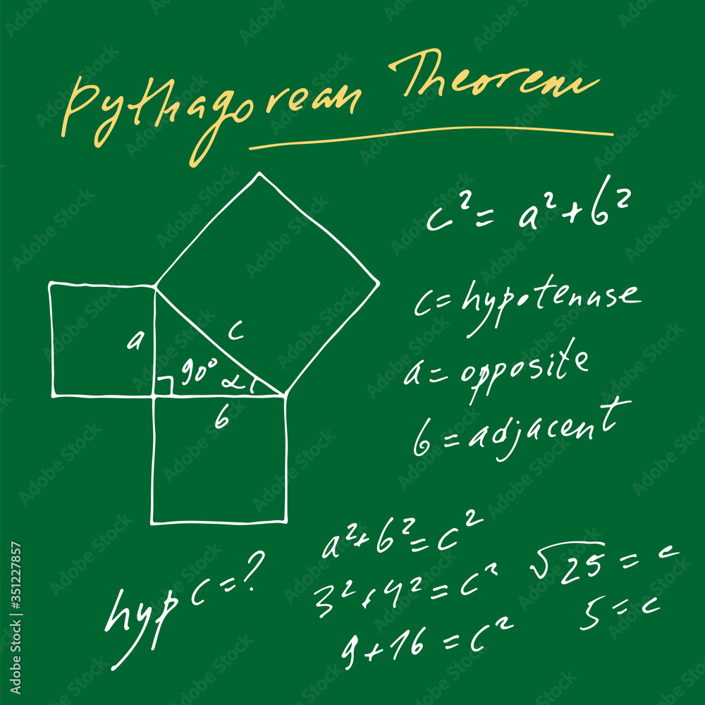 Poster handwritten trigonometric vector set, hand drawn text of pythagorean theorem solution isolated on gr