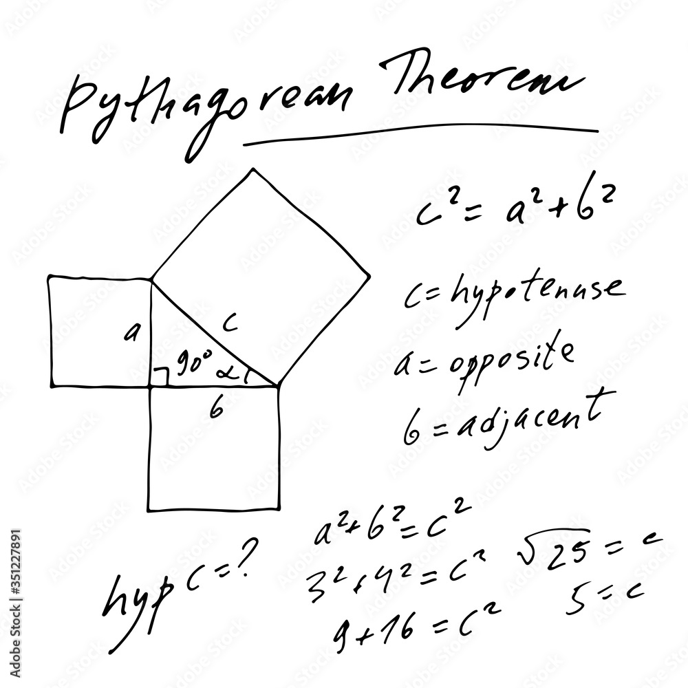 Poster handwritten trigonometric vector set, hand drawn text of pythagorean theorem solution isolated on wh