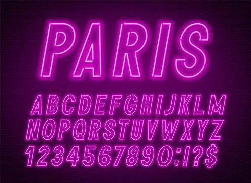 Neon pink font, light alphabet with numbers on a dark background.