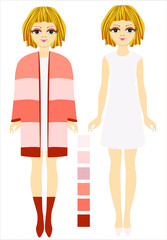 Blond girls models in fashionable clothes dress and cardigan. Template. Fashion show. Fashion design, design and modeling, advertising.