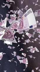 Flying euro banknotes on a outer space starry background. Money flying in the outer space. 500 EURO in color. Vertical orientation. 3D illustration