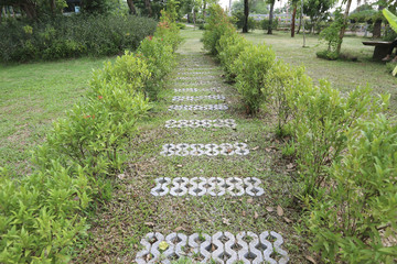 White brick walkway in the garden.