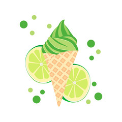 Vector illustration soft ice cream in a waffle cone refreshing lime flavor with lime slices
