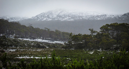Fototapeta na wymiar Scattered layer of snow on Quamby Bluff, a mountain in Northern Tasmania and an outlying part of the Great Western Tiers mountain range. The bluff is one of the Tiers' easier peaks to ascend on a day 