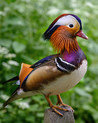Mandarin duck in Kelsey Park, Beckenham, Greater London. The mandarin is a species of wood duck. Mandarin ducks against a green background. Close up of a standing mandarin duck (Aix galericulata), UK