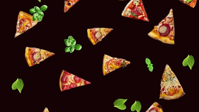 Sliced pizza and basil leaves smoothly fall from top to bottom on a dark background. Pop art seamless pattern.