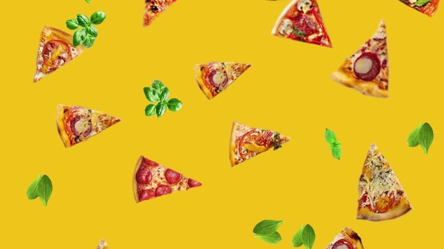
Pieces of pizza and basil leaves smoothly fall from top to bottom on a yellow background. pop art seamless pattern