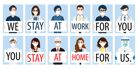 Cartoon character with doctors, nurses and medical staff holding poster requesting people avoid Corona virus and Covid-19 spreading by staying at home. Corona virus Disease awareness vector