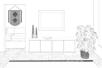 Sketch of the hall with a horizontal poster above the dresser, next to a potted plant, with a doorway overlooking the living room. Front view. 3d render