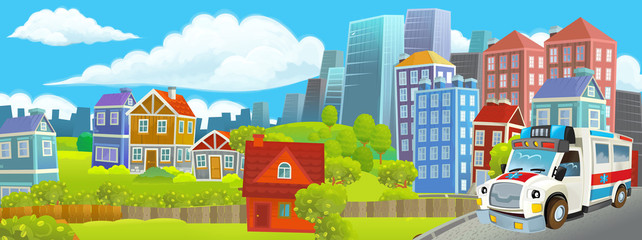 cartoon happy and funny scene of the middle of a city with car driving by - illustration