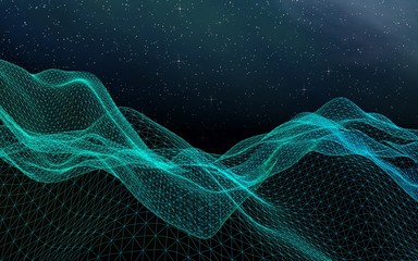 Abstract landscape on a dark background. Cyberspace grid. hi tech network. Outer space. Starry outer space texture. 3D illustration