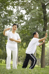 Senior man and woman practising tai chi in the park