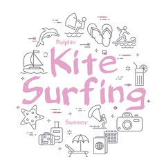 Pink text Kite Surfing with linear summer time icons