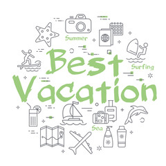 Green text Best Vacation with linear summer time icons