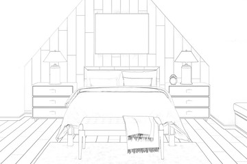A sketch of a modern mansard bedroom with a horizontal poster under the bed between bedside tables with lamps and a bench by the bed. Front view. 3d render