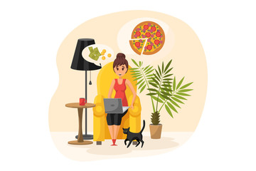 Online shopping, order, quarantine, coronavirus concept. Young happy woman or girl cartoon character sitting at home and ordering pizza on internet. Online shopping during 2019ncov or covid19 lockdown