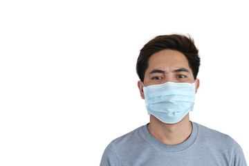 Asian man wear surgical mask to prevent air pollution ,  germs and coronavirus ,White background.