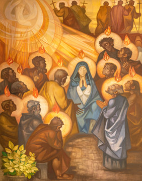 BARCELONA, SPAIN - MARCH 3, 2020: The modern painting of Pentecost in the church Santuario Nuestra Senora del Sagrado Corazon by Navarro Perez Dolz (1990).