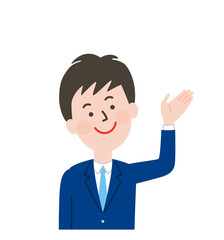 左手を上げて説明するネクタイ男子の上半身