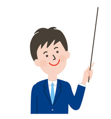 指し棒でポイント説明をするネクタイ男子の上半身