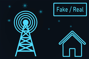 Conceptual vector illustration of the spread of real or fake news about Covid-19.  Telecommunication tower emit signals worldwide: information or misinformation