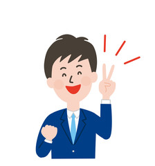 ピースして喜ぶネクタイ男子の上半身